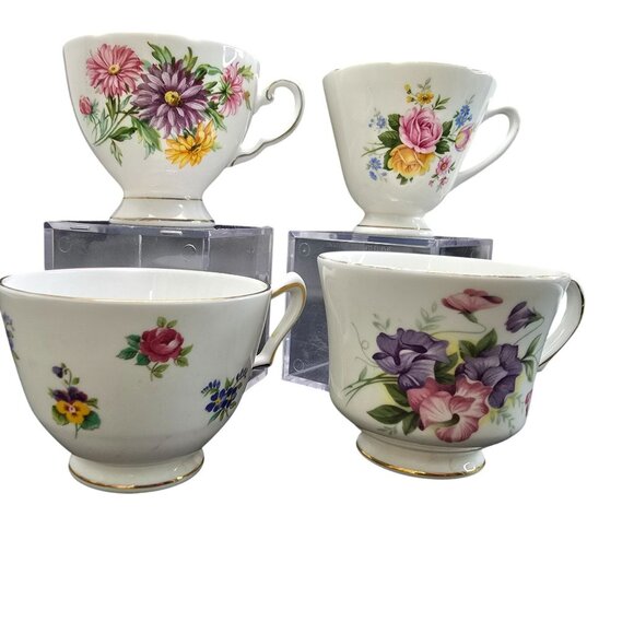 Vintage Set Of 4 Bone China Floral Teacups Eclectic Flowers JJ4096 - Picture 3 of 5